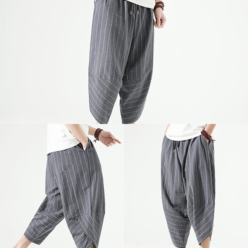 Pantalon Buddha Stones décontracté en coton et lin avec cordon de serrage et rayures unies pour homme, longueur 7-8, avec poches - image 18