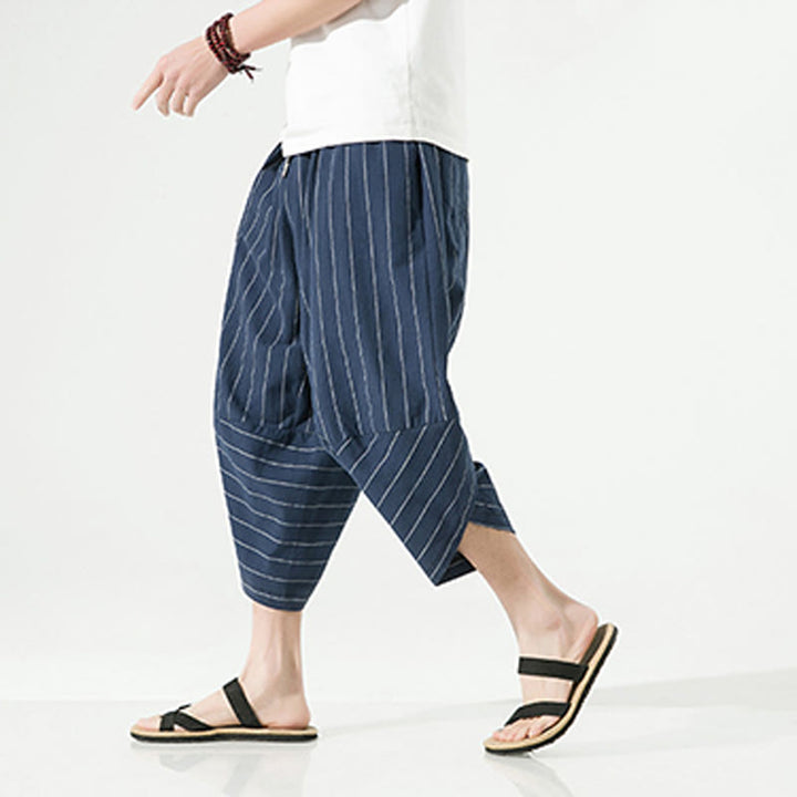 Pantalon Buddha Stones décontracté en coton et lin avec cordon de serrage et rayures unies pour homme, longueur 7-8, avec poches