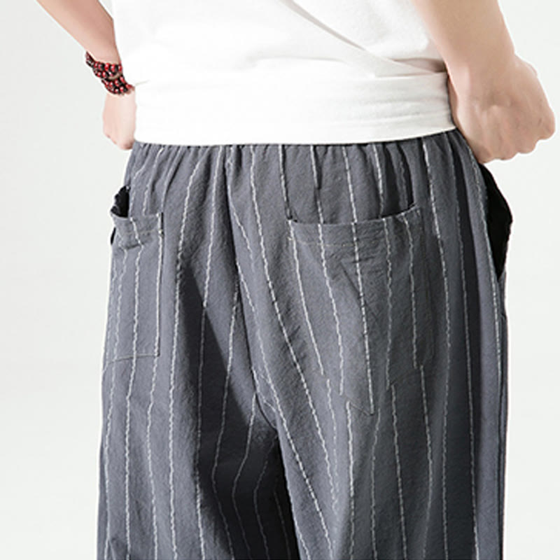 Pantalon Buddha Stones décontracté en coton et lin avec cordon de serrage et rayures unies pour homme, longueur 7-8, avec poches