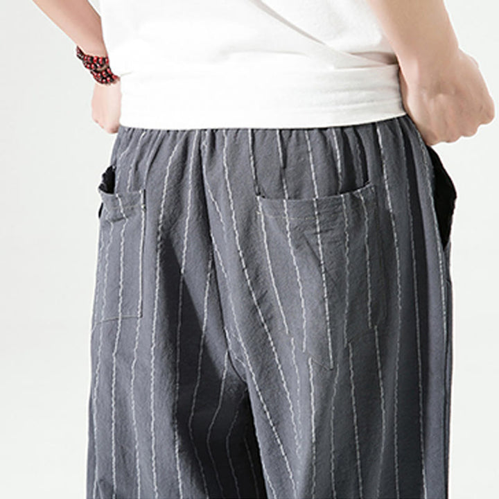 Pantalon Buddha Stones décontracté en coton et lin avec cordon de serrage et rayures unies pour homme, longueur 7-8, avec poches
