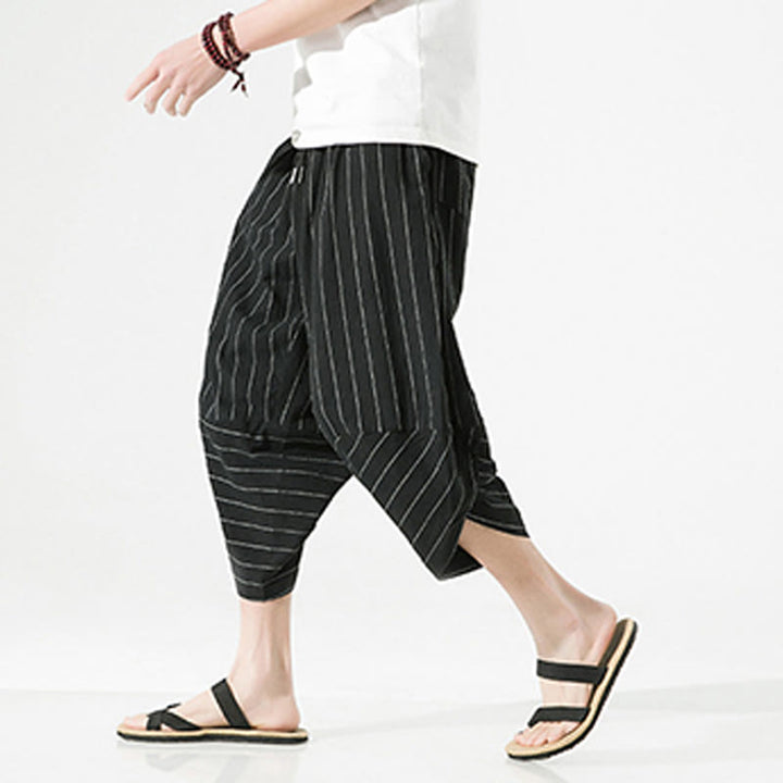 Pantalon Buddha Stones décontracté en coton et lin avec cordon de serrage et rayures unies pour homme, longueur 7-8, avec poches