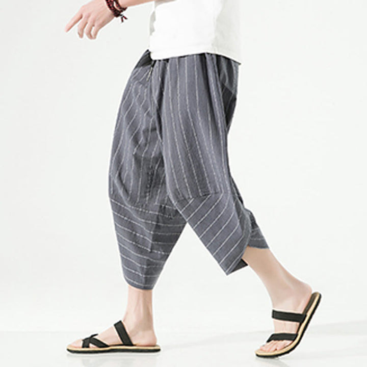 Pantalon Buddha Stones décontracté en coton et lin avec cordon de serrage et rayures unies pour homme, longueur 7-8, avec poches - image 9