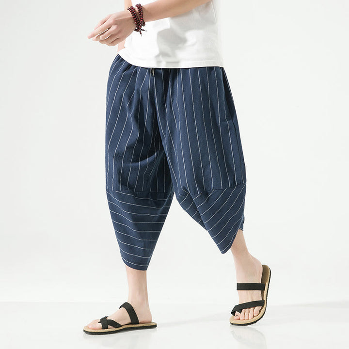 Pantalon Buddha Stones décontracté en coton et lin avec cordon de serrage et rayures unies pour homme, longueur 7-8, avec poches