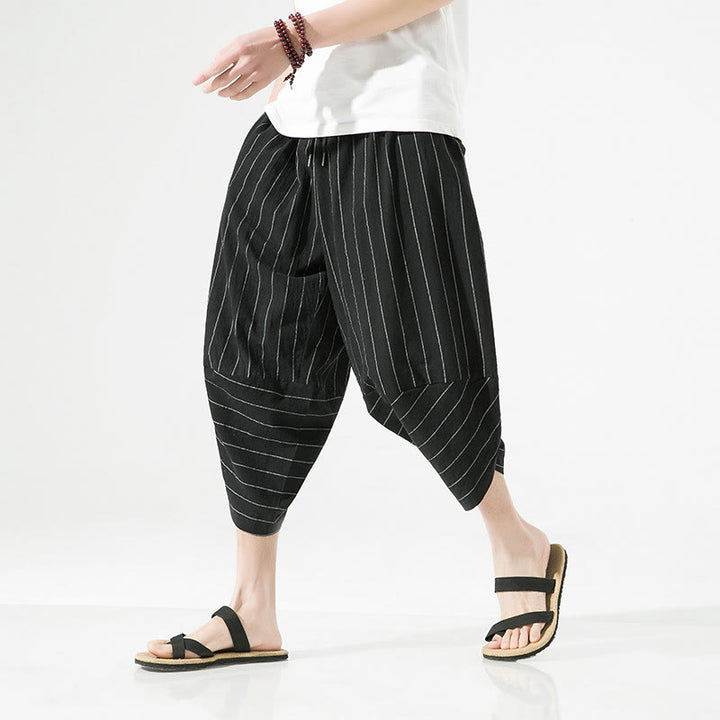 Pantalon Buddha Stones décontracté en coton et lin avec cordon de serrage et rayures unies pour homme, longueur 7-8, avec poches