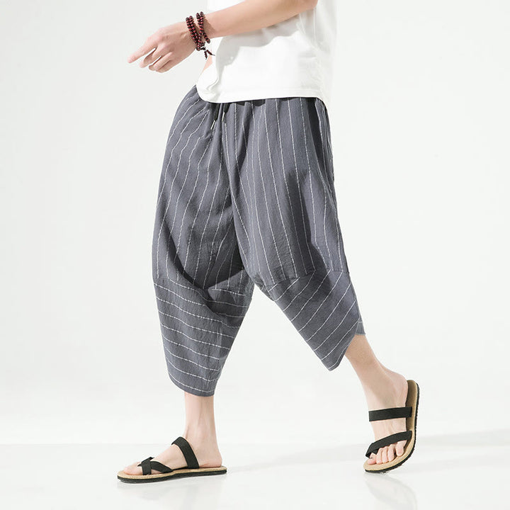 Pantalon Buddha Stones décontracté en coton et lin avec cordon de serrage et rayures unies pour homme, longueur 7-8, avec poches