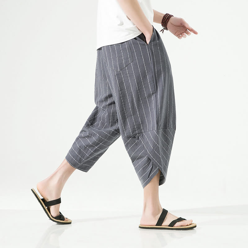 Pantalon Buddha Stones décontracté en coton et lin avec cordon de serrage et rayures unies pour homme, longueur 7-8, avec poches