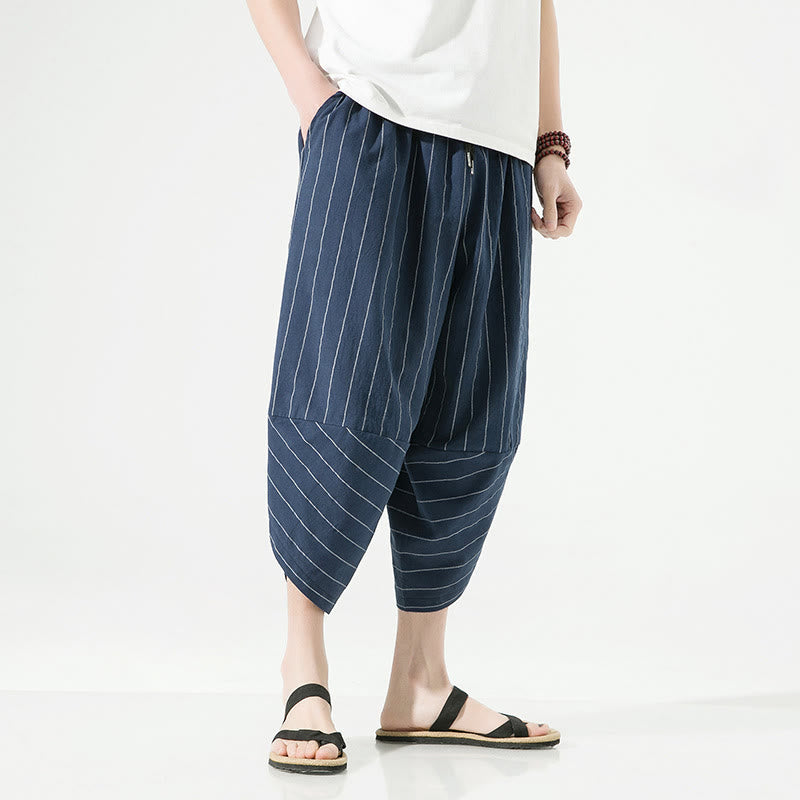 Pantalon Buddha Stones décontracté en coton et lin avec cordon de serrage et rayures unies pour homme, longueur 7-8, avec poches