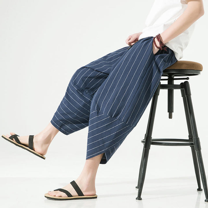 Pantalon Buddha Stones décontracté en coton et lin avec cordon de serrage et rayures unies pour homme, longueur 7-8, avec poches