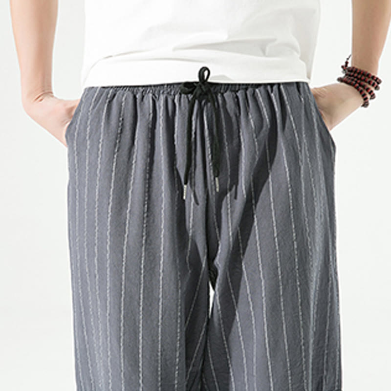 Pantalon Buddha Stones décontracté en coton et lin avec cordon de serrage et rayures unies pour homme, longueur 7-8, avec poches