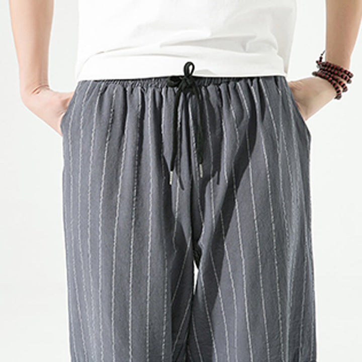 Pantalon Buddha Stones décontracté en coton et lin avec cordon de serrage et rayures unies pour homme, longueur 7-8, avec poches