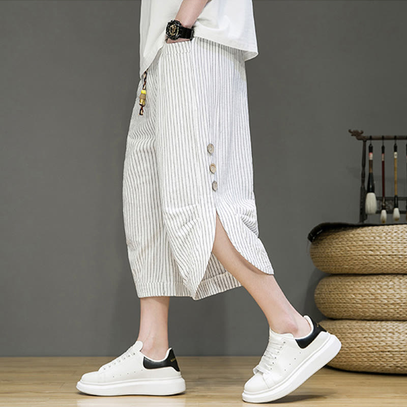 Pantalon Buddha Stones court en coton pour homme, décontracté, à rayures blanches, avec cordon de serrage et poches - image 23