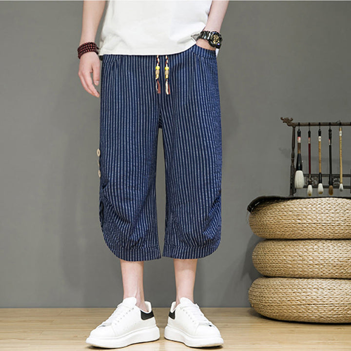Pantalon Buddha Stones court en coton pour homme, décontracté, à rayures blanches, avec cordon de serrage et poches - image 28