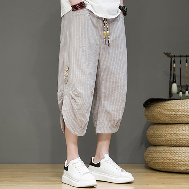 Pantalon Buddha Stones court en coton pour homme, décontracté, à rayures blanches, avec cordon de serrage et poches - image 6