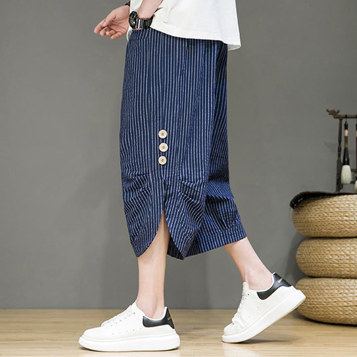 Pantalon Buddha Stones court en coton pour homme, décontracté, à rayures blanches, avec cordon de serrage et poches - image 27