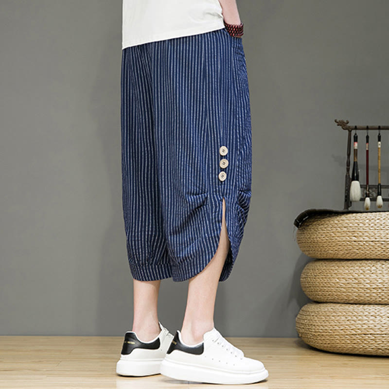 Pantalon Buddha Stones court en coton pour homme, décontracté, à rayures blanches, avec cordon de serrage et poches - image 31