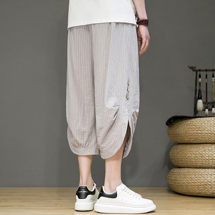 Pantalon Buddha Stones court en coton pour homme, décontracté, à rayures blanches, avec cordon de serrage et poches - image 5