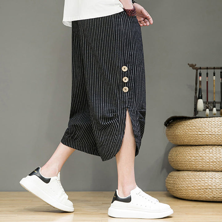 Pantalon Buddha Stones court en coton pour homme, décontracté, à rayures blanches, avec cordon de serrage et poches - image 14