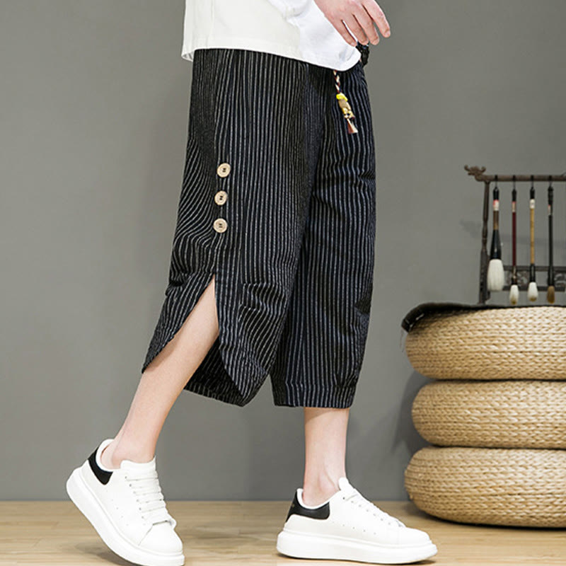 Pantalon Buddha Stones court en coton pour homme, décontracté, à rayures blanches, avec cordon de serrage et poches - image 16