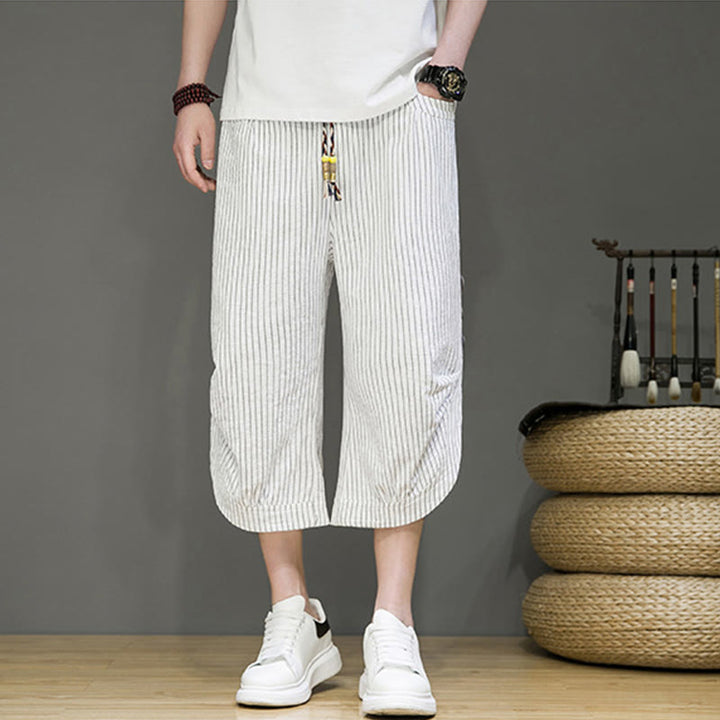Pantalon Buddha Stones court en coton pour homme, décontracté, à rayures blanches, avec cordon de serrage et poches - image 22