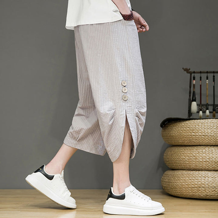 Pantalon Buddha Stones court en coton pour homme, décontracté, à rayures blanches, avec cordon de serrage et poches - Gris clair - US/UK/AU46，EU56 (5XL) - image 0