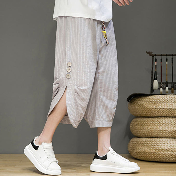 Pantalon Buddha Stones court en coton pour homme, décontracté, à rayures blanches, avec cordon de serrage et poches - image 3