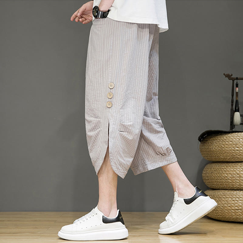 Pantalon Buddha Stones court en coton pour homme, décontracté, à rayures blanches, avec cordon de serrage et poches - image 4