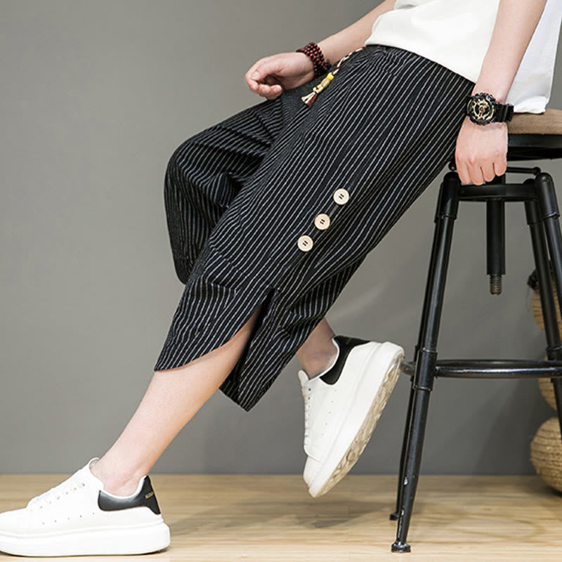Pantalon Buddha Stones court en coton pour homme, décontracté, à rayures blanches, avec cordon de serrage et poches - image 18