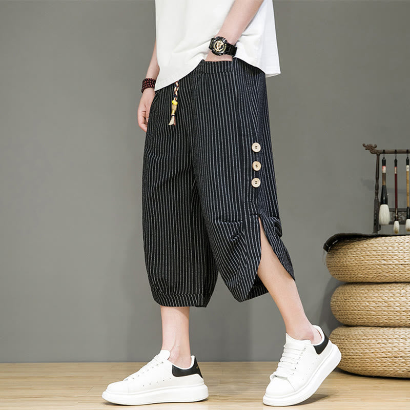 Pantalon Buddha Stones court en coton pour homme, décontracté, à rayures blanches, avec cordon de serrage et poches - Noir - US/UK/AU46，EU56 (5XL) - image 11