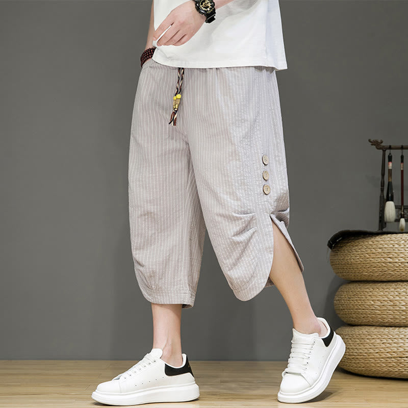 Pantalon Buddha Stones court en coton pour homme, décontracté, à rayures blanches, avec cordon de serrage et poches - image 1