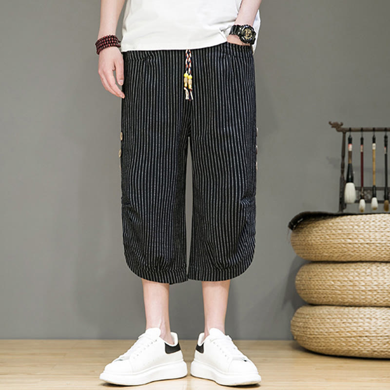 Pantalon Buddha Stones court en coton pour homme, décontracté, à rayures blanches, avec cordon de serrage et poches - image 13