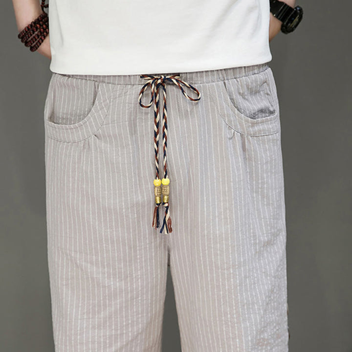 Pantalon Buddha Stones court en coton pour homme, décontracté, à rayures blanches, avec cordon de serrage et poches - image 8