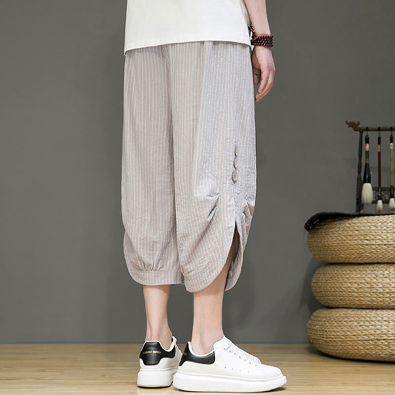 Pantalon Buddha Stones court en coton pour homme, décontracté, à rayures blanches, avec cordon de serrage et poches - image 5