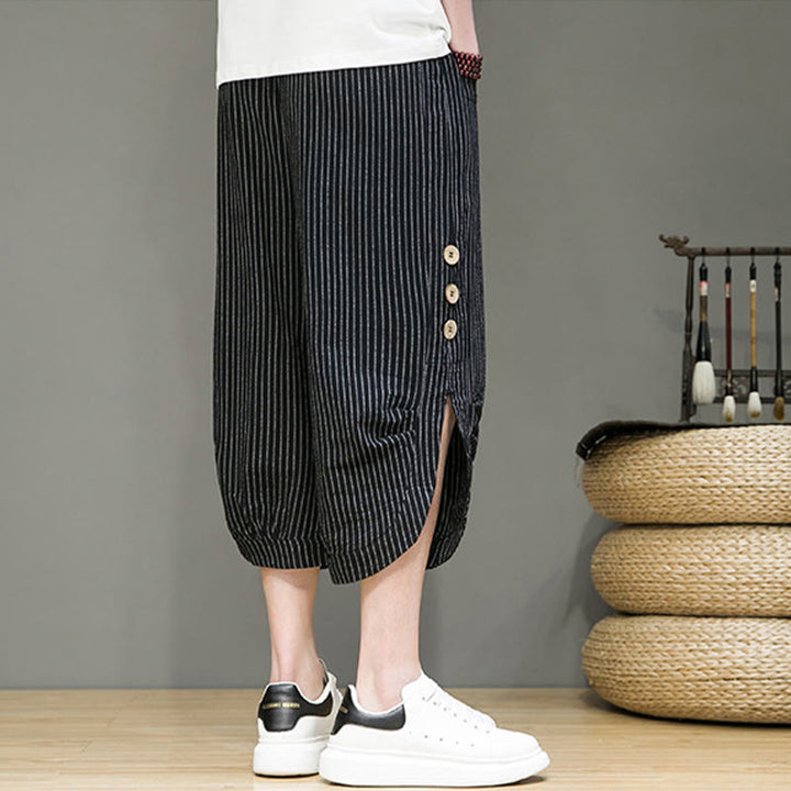 Pantalon Buddha Stones court en coton pour homme, décontracté, à rayures blanches, avec cordon de serrage et poches - image 15