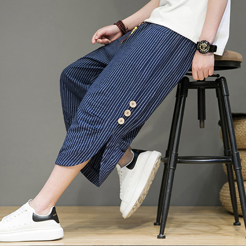 Pantalon Buddha Stones court en coton pour homme, décontracté, à rayures blanches, avec cordon de serrage et poches - image 32