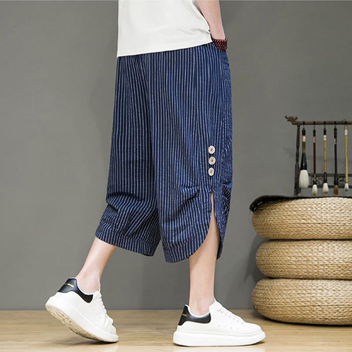 Pantalon Buddha Stones court en coton pour homme, décontracté, à rayures blanches, avec cordon de serrage et poches - image 29