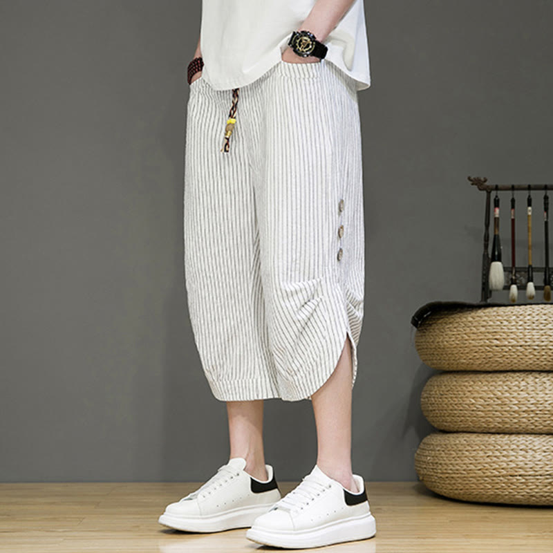 Pantalon Buddha Stones court en coton pour homme, décontracté, à rayures blanches, avec cordon de serrage et poches - image 20