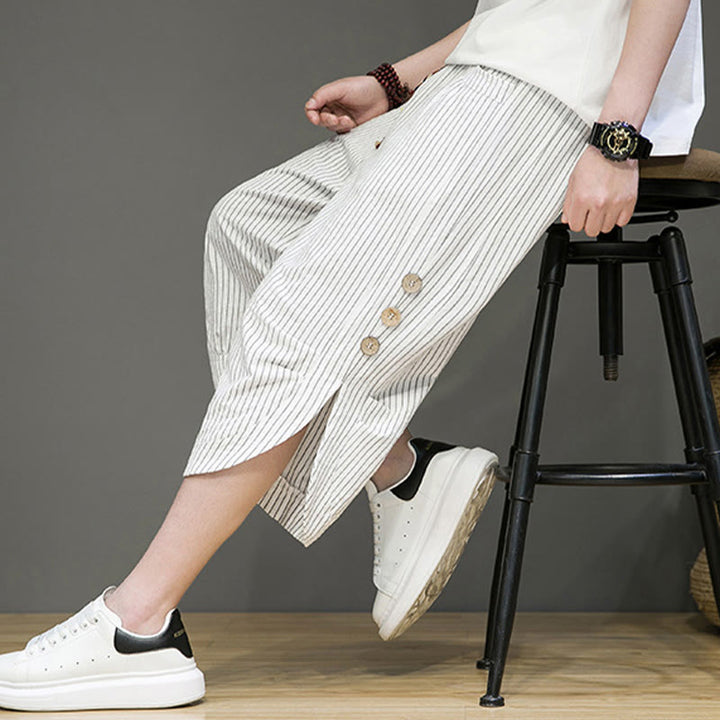 Pantalon Buddha Stones court en coton pour homme, décontracté, à rayures blanches, avec cordon de serrage et poches - image 24