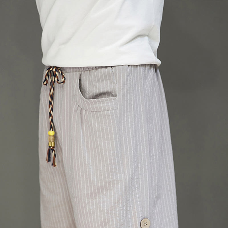 Pantalon Buddha Stones court en coton pour homme, décontracté, à rayures blanches, avec cordon de serrage et poches - image 9