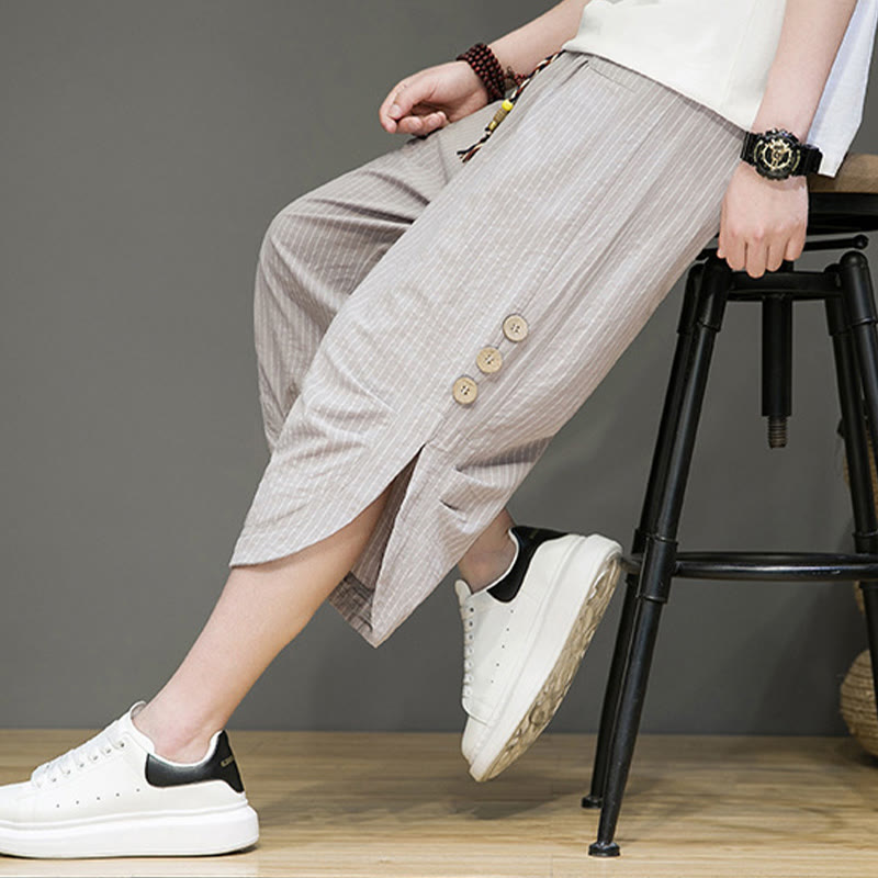 Pantalon Buddha Stones court en coton pour homme, décontracté, à rayures blanches, avec cordon de serrage et poches - image 7