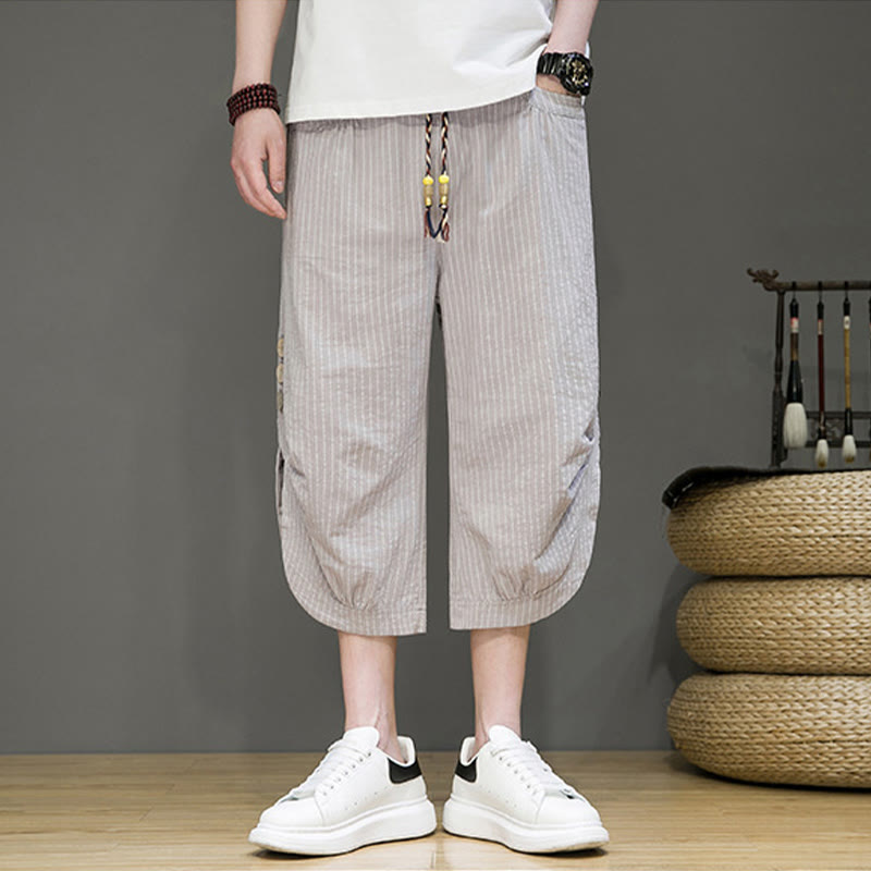 Pantalon Buddha Stones court en coton pour homme, décontracté, à rayures blanches, avec cordon de serrage et poches - image 2