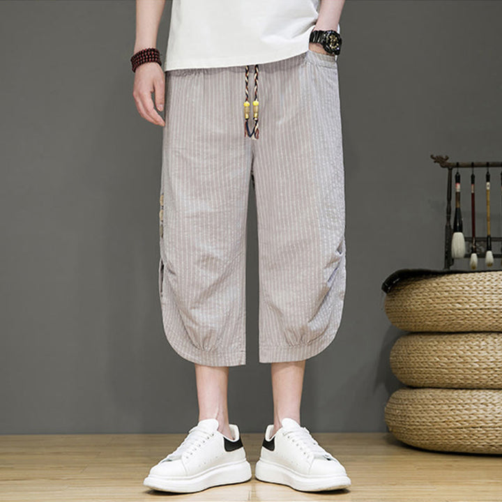 Pantalon Buddha Stones court en coton pour homme, décontracté, à rayures blanches, avec cordon de serrage et poches - image 2