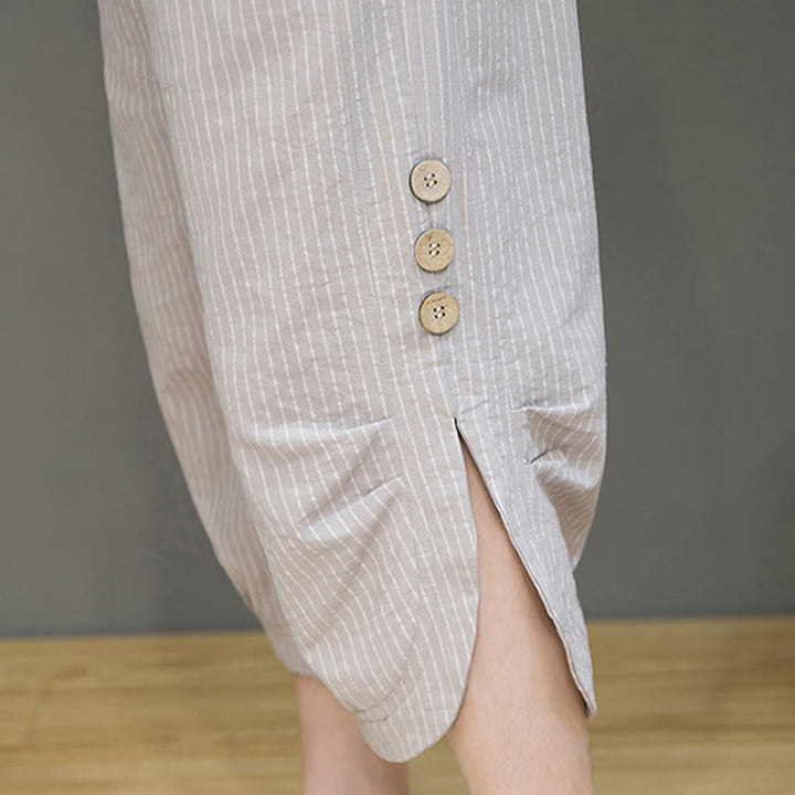 Pantalon Buddha Stones court en coton pour homme, décontracté, à rayures blanches, avec cordon de serrage et poches - image 10