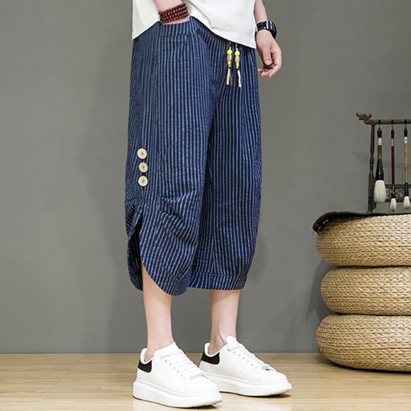 Pantalon Buddha Stones court en coton pour homme, décontracté, à rayures blanches, avec cordon de serrage et poches - image 30