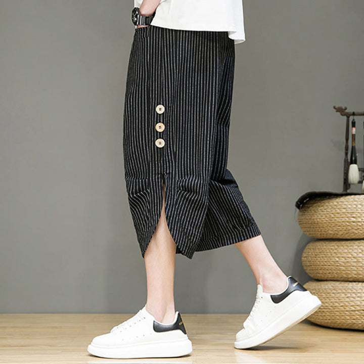 Pantalon Buddha Stones court en coton pour homme, décontracté, à rayures blanches, avec cordon de serrage et poches - image 12