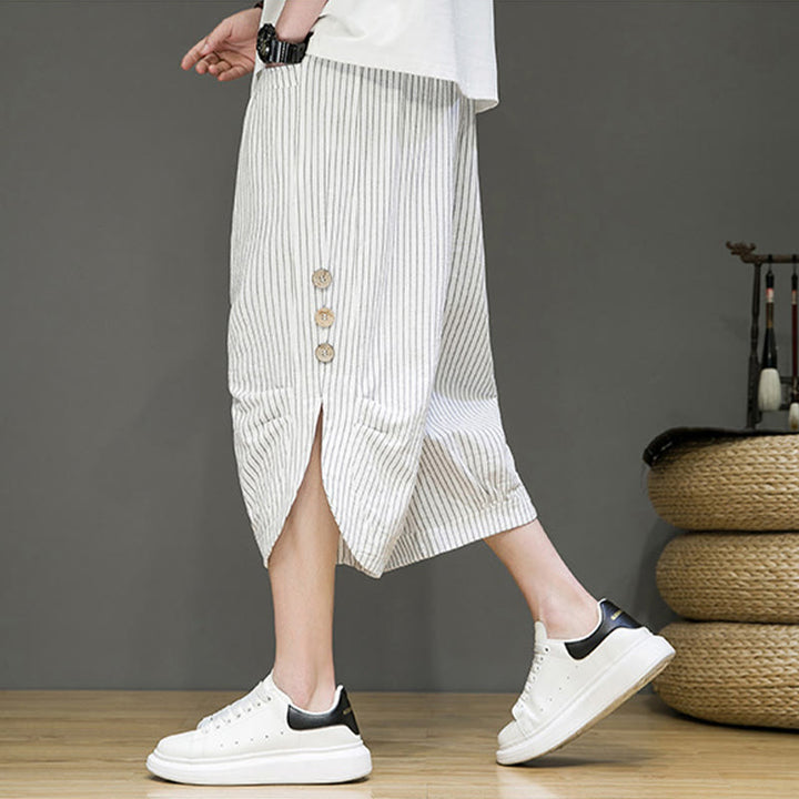 Pantalon Buddha Stones court en coton pour homme, décontracté, à rayures blanches, avec cordon de serrage et poches - image 21