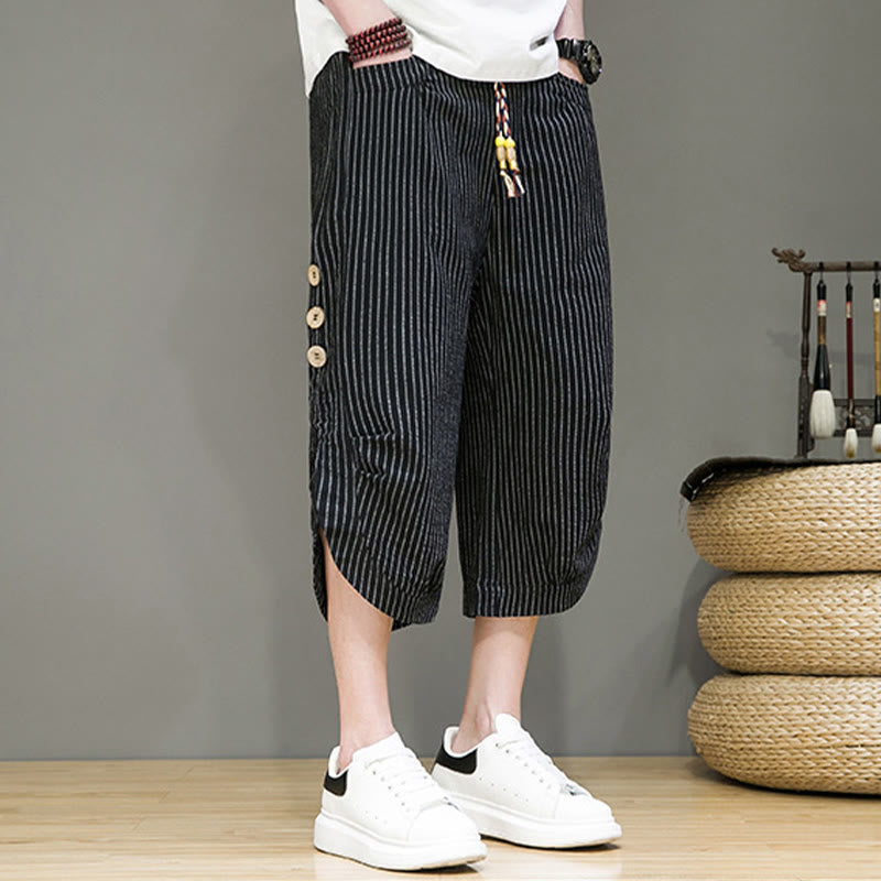 Pantalon Buddha Stones court en coton pour homme, décontracté, à rayures blanches, avec cordon de serrage et poches - image 17