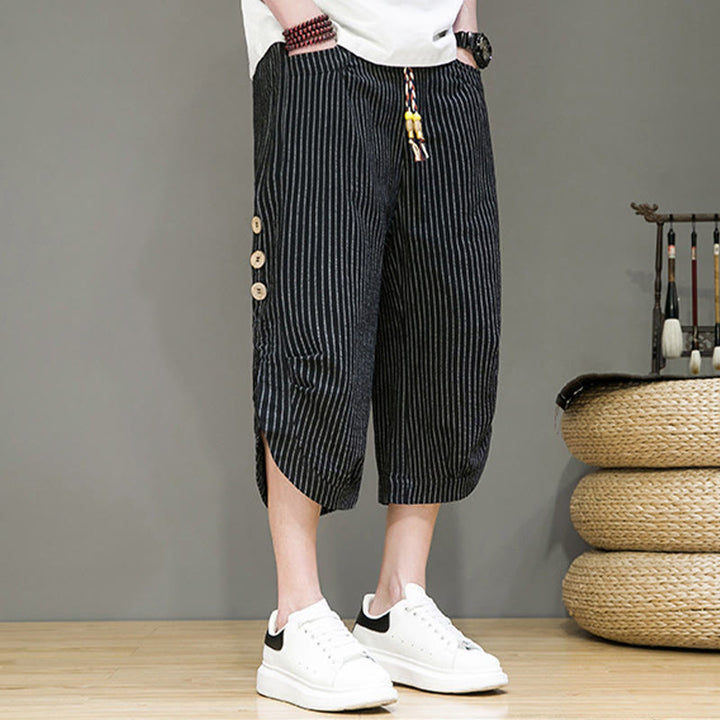 Pantalon Buddha Stones court en coton pour homme, décontracté, à rayures blanches, avec cordon de serrage et poches - image 17