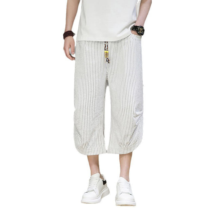 Pantalon Buddha Stones court en coton pour homme, décontracté, à rayures blanches, avec cordon de serrage et poches - image 25