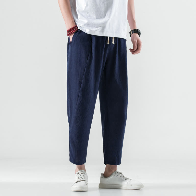 Pantalon Buddha Stones décontracté uni plissé avec cordon de serrage pour homme, en coton et lin, avec poches - Bleu nuit - US/UK/AU46，EU56 (5XL) - image 38