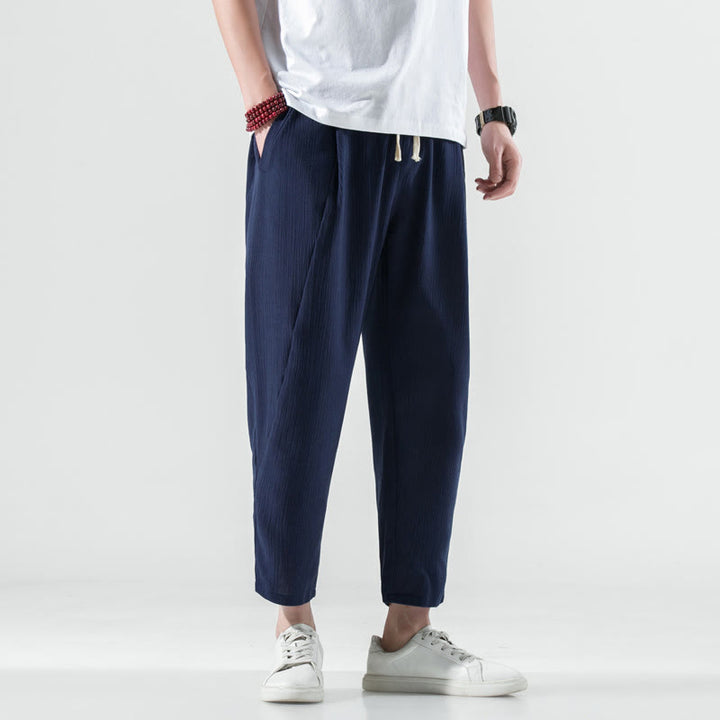 Pantalon Buddha Stones décontracté uni plissé avec cordon de serrage pour homme, en coton et lin, avec poches - Bleu nuit - US/UK/AU46，EU56 (5XL) - image 38